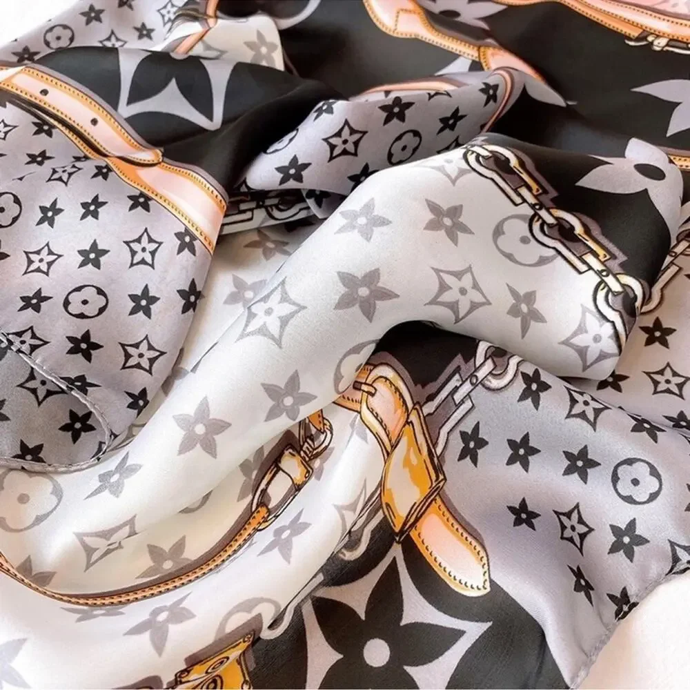 Luxury Monogram & Chain Print Silk-Feel Square Scarf
